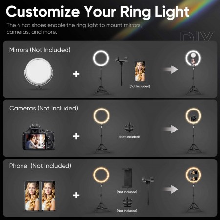 Selfie Ring Light with Black Tripod Stand 12-inch Dimmable Desktop Ringlight with DIY Ports, Circle Light LED Camera Lighting for Live Stream /Makeup, Compatible with iPhone Android